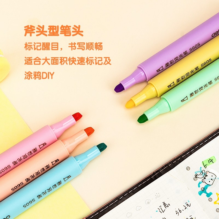 得力（deli）雙頭熒光筆重點醒目劃線筆標記筆記號筆彩色筆套裝辦公學生文具 6支/盒 三角桿熒光筆S605_http://m.gzyiqian.cn/img/images/C202103/1615972936195.jpg