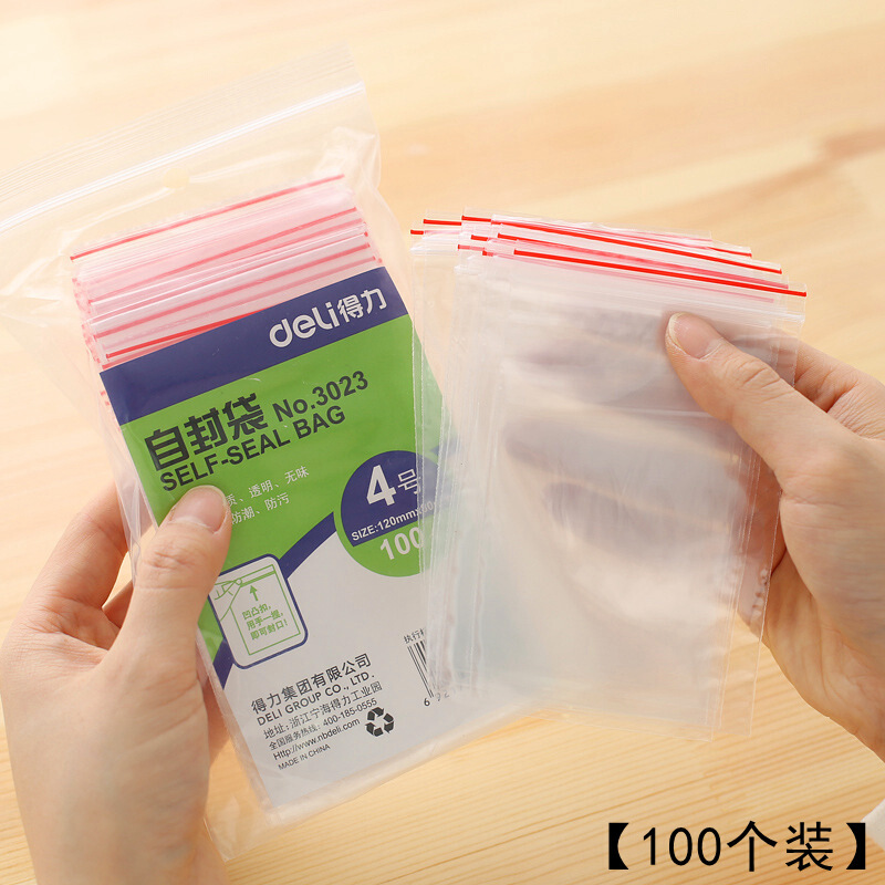得力（deli） 3023 自封袋(透明)-4號(100個/包)120ｘ85mm0.04mm_http://m.gzyiqian.cn/img/sp/206/979e20f0-fc7b-4924-ae16-ea41a488d845.jpg