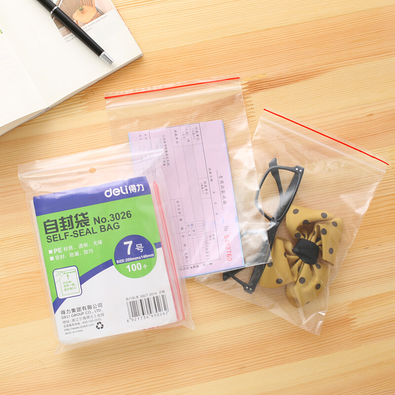 得力（deli） 3026 自封袋(透明)-7號(100個/包)200ｘ140mm0.04mm_http://m.gzyiqian.cn/img/sp/206/c5f1a81b-3433-4b02-b273-1880ed038910.jpg